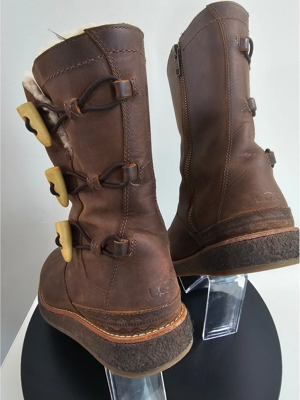 UGG Vintage Brown Leather Shearling Lined Boots with Toggles